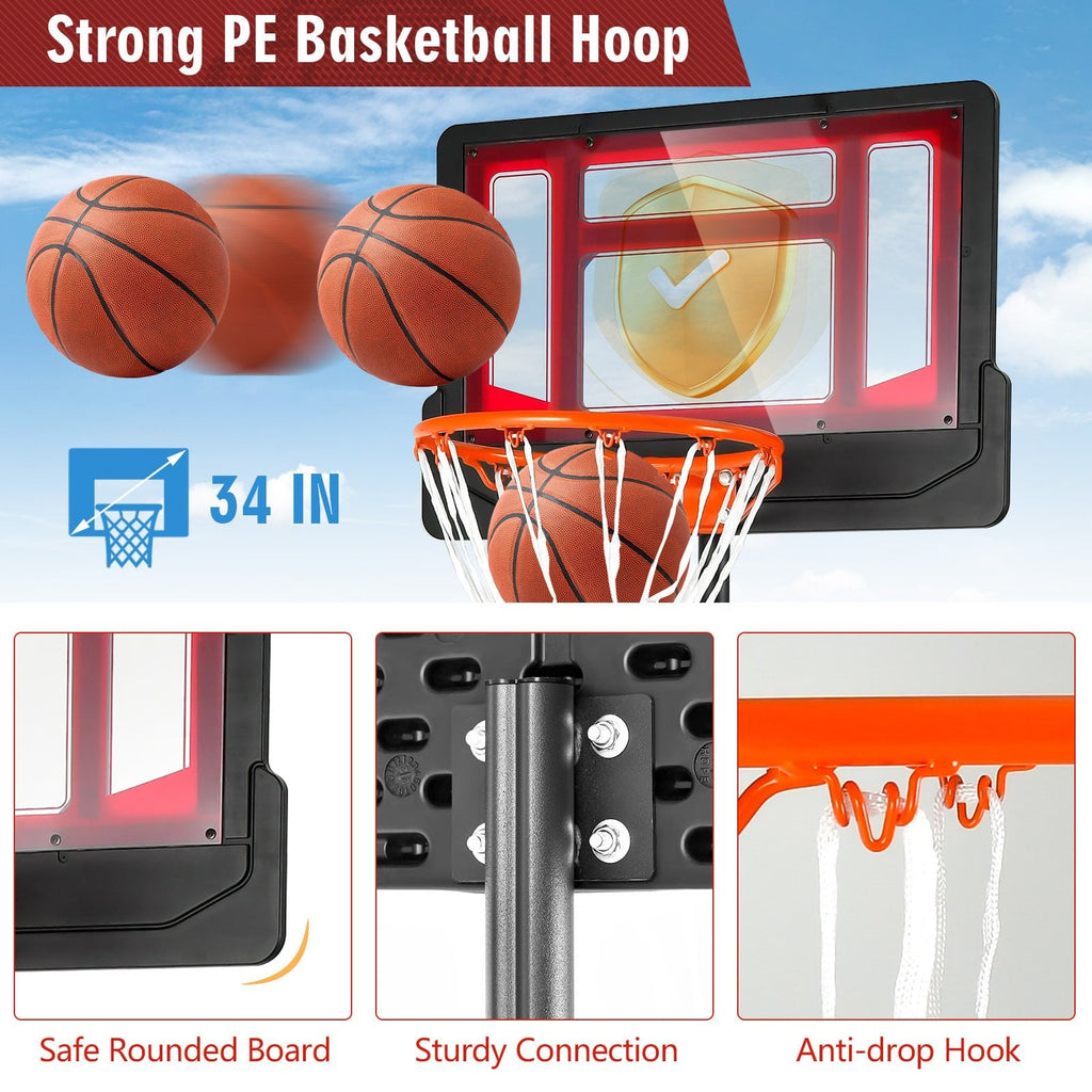 Panier de basket portable de 1,3 à 2,5 m avec hauteur réglable et roulettes – Rouge