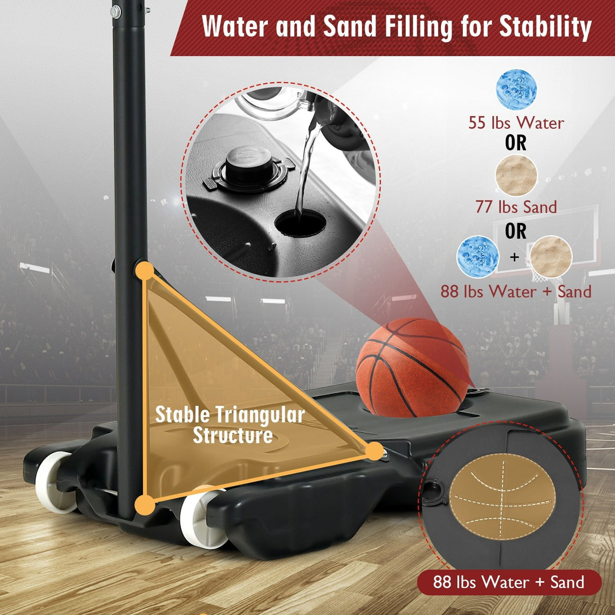 Panier de basket portable de 1,3 à 2,5 m avec hauteur réglable et roulettes – Rouge