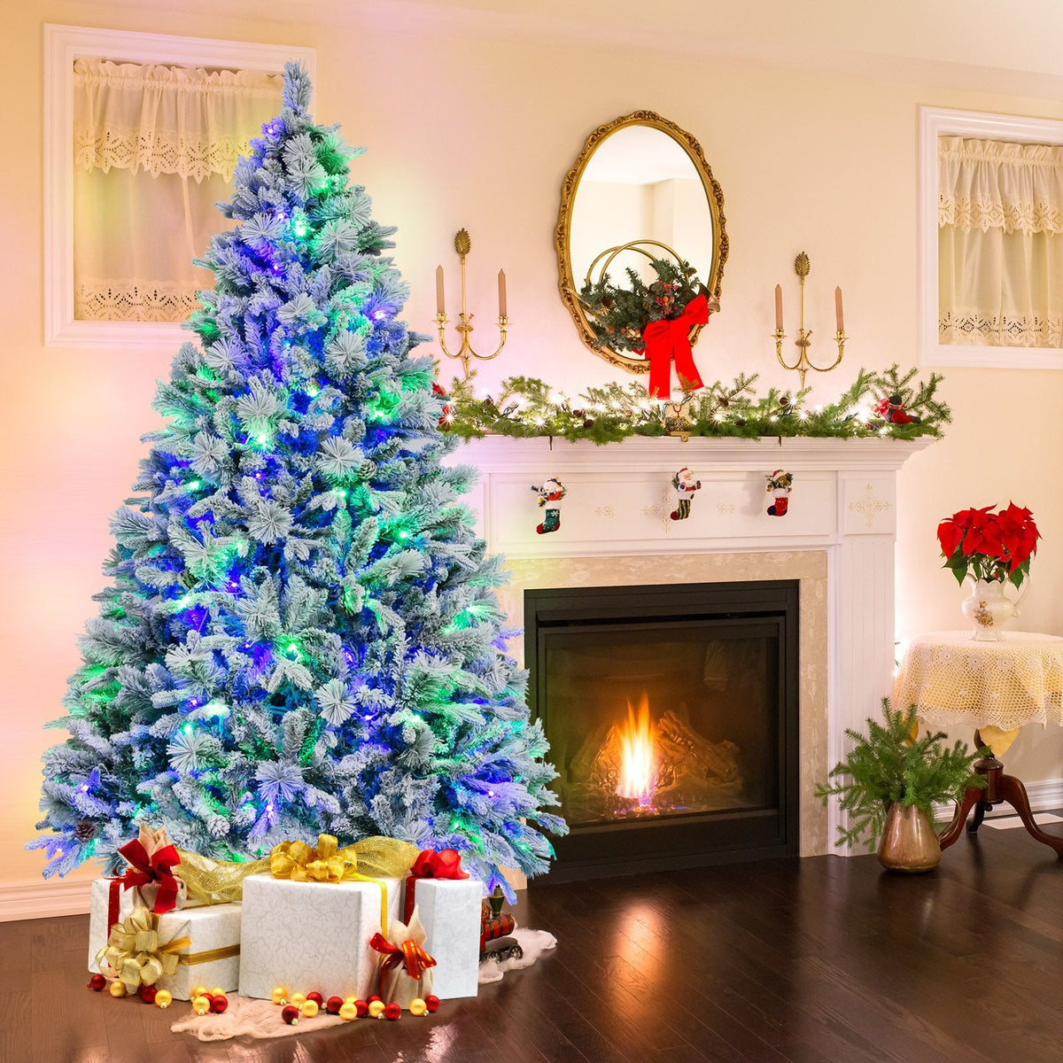 Sapin de Noël enneigé de 7 pi avec 1270 aiguilles, 40 pommes de pin et 320 DEL multicolores en 8 modes