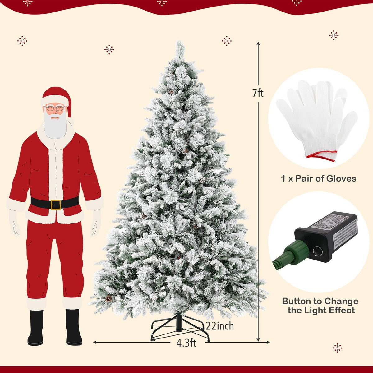 Sapin de Noël enneigé de 7 pi avec 1270 aiguilles, 40 pommes de pin et 320 DEL multicolores en 8 modes