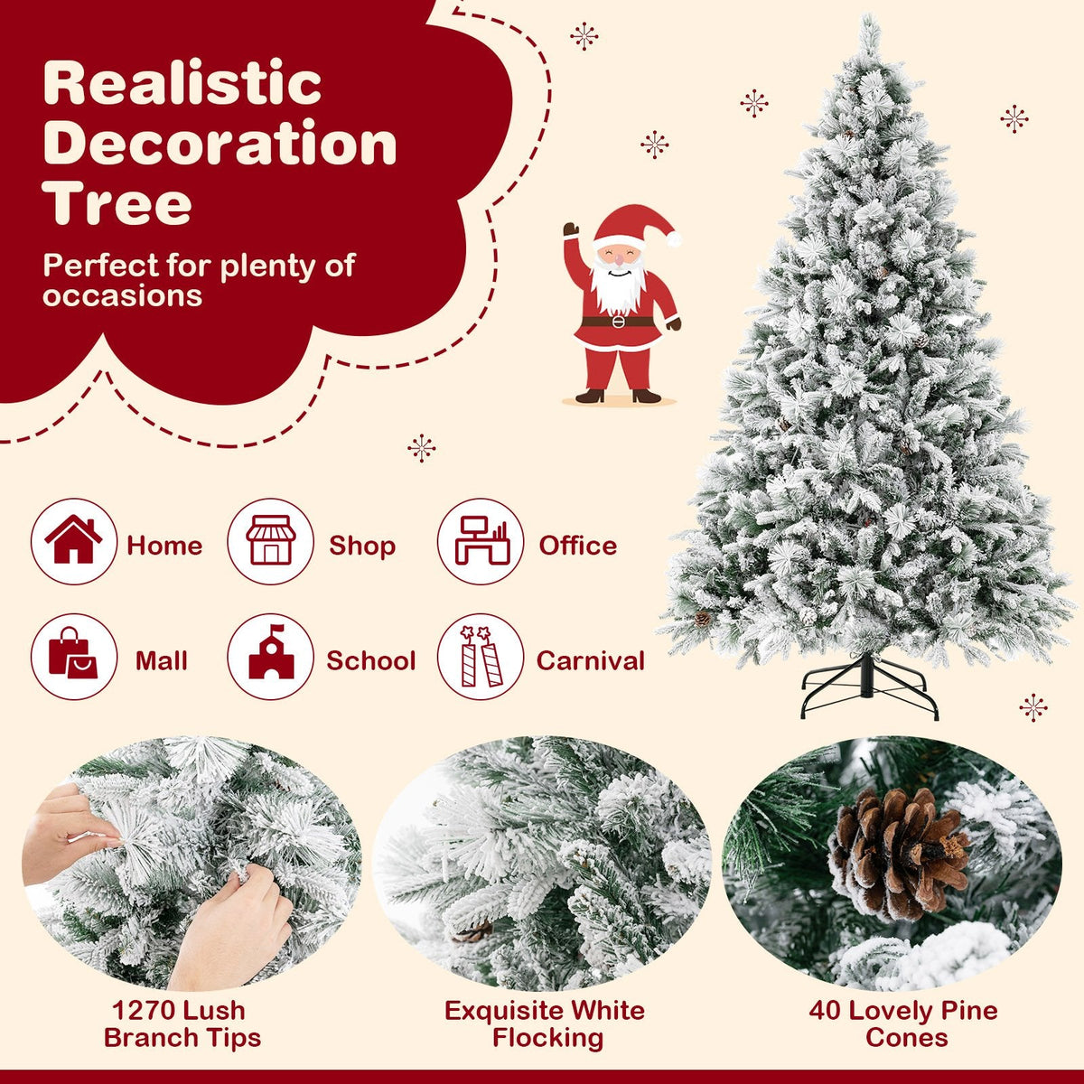 Sapin de Noël enneigé de 7 pi avec 1270 aiguilles, 40 pommes de pin et 320 DEL multicolores en 8 modes
