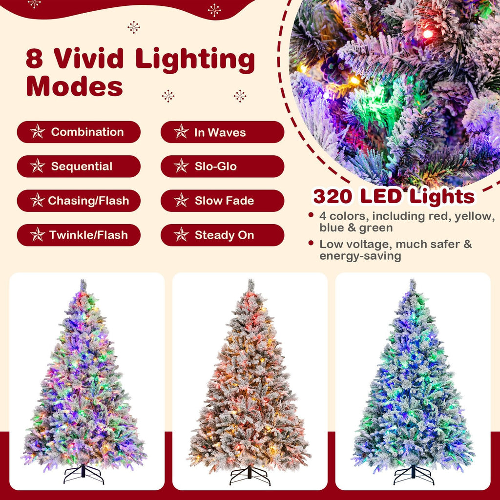 Sapin de Noël enneigé de 7 pi avec 1270 aiguilles, 40 pommes de pin et 320 DEL multicolores en 8 modes