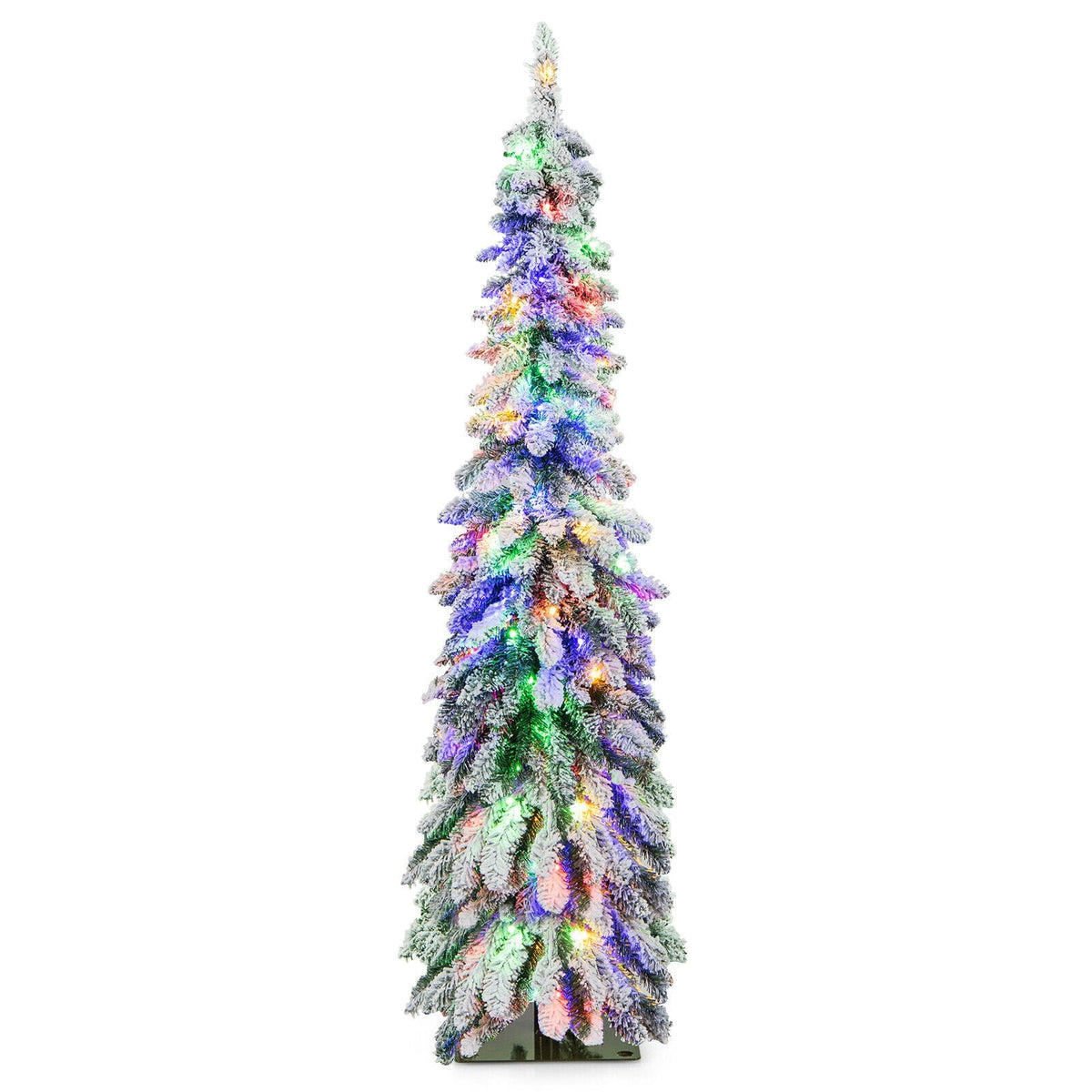 152 cm hoher, vorbeleuchteter, schmaler Weihnachtsbaum in Stiftform mit Schneebeflockung, 334 Zweigspitzen, 150 LEDs und 11 Leuchtmodi