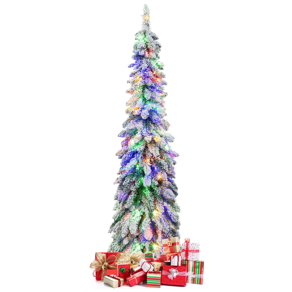 152 cm hoher, vorbeleuchteter, schmaler Weihnachtsbaum in Stiftform mit Schneebeflockung, 334 Zweigspitzen, 150 LEDs und 11 Leuchtmodi