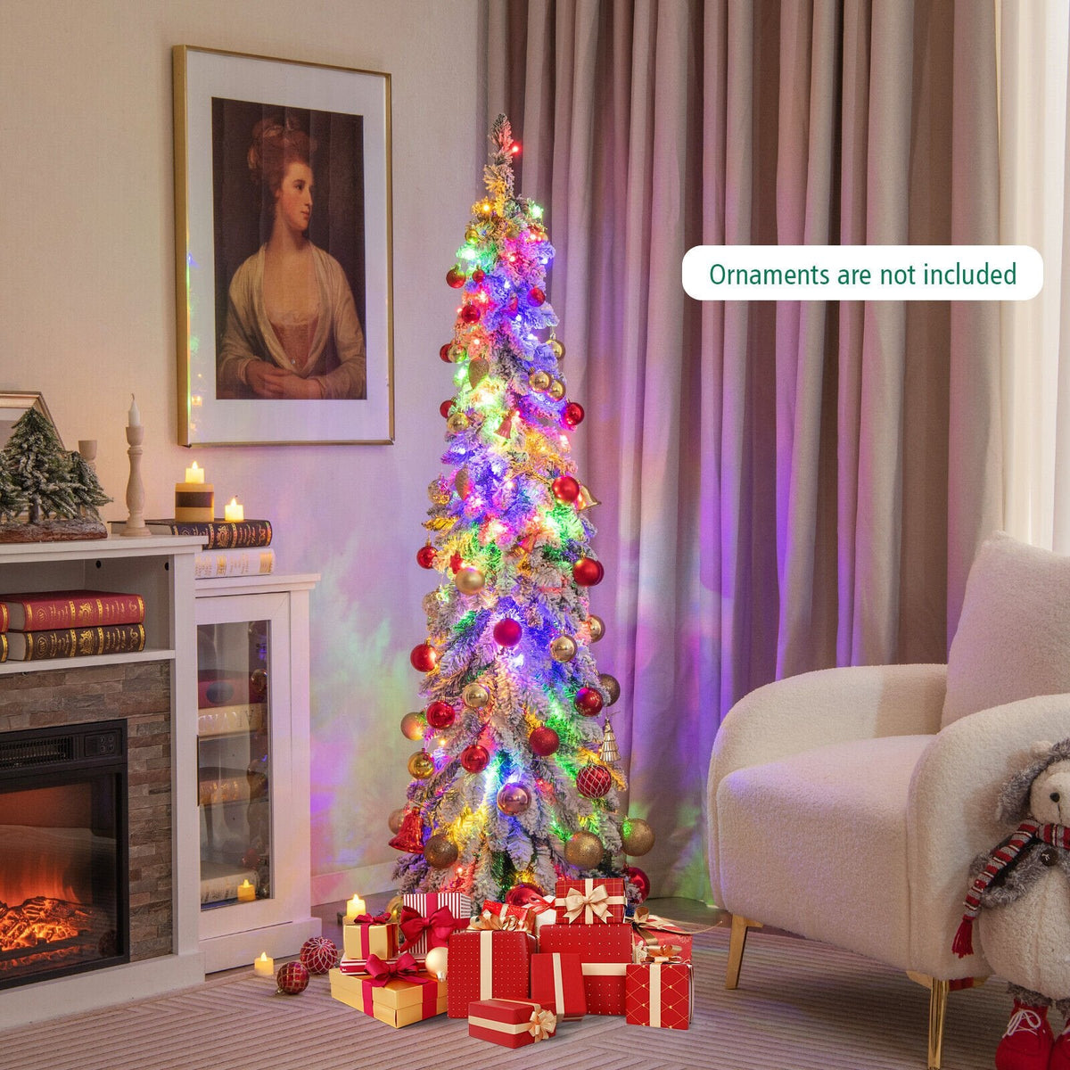 152 cm hoher, vorbeleuchteter, schmaler Weihnachtsbaum in Stiftform mit Schneebeflockung, 334 Zweigspitzen, 150 LEDs und 11 Leuchtmodi
