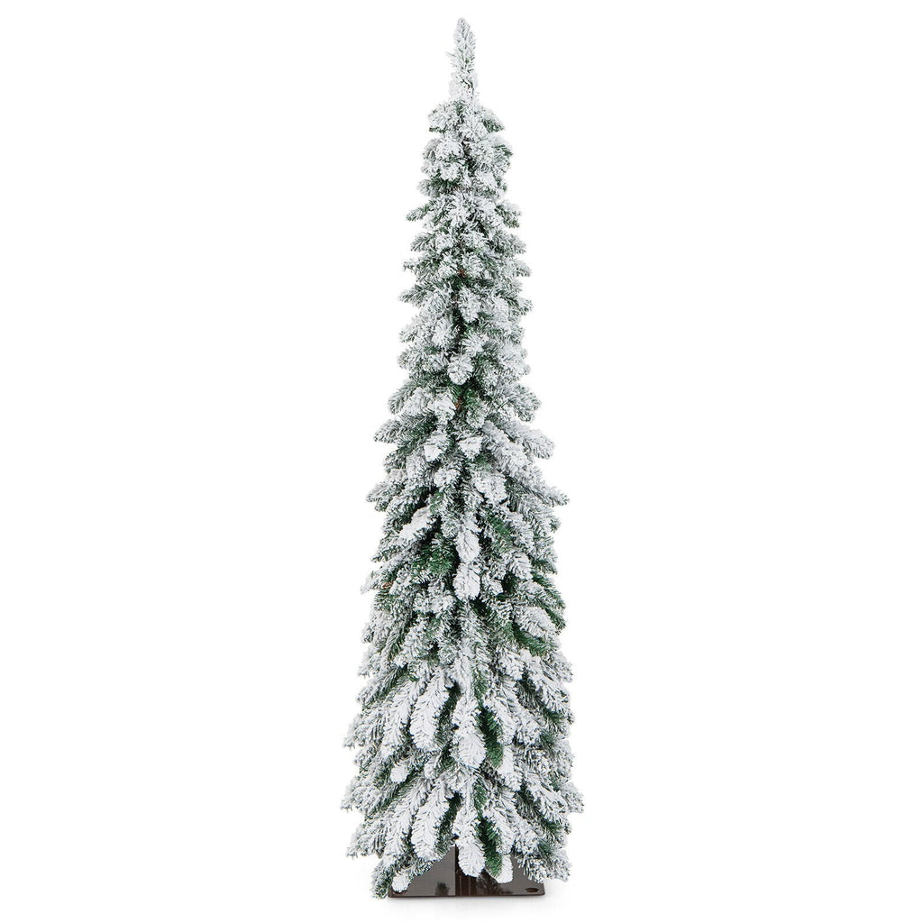 152 cm hoher, vorbeleuchteter, schmaler Weihnachtsbaum in Stiftform mit Schneebeflockung, 334 Zweigspitzen, 150 LEDs und 11 Leuchtmodi