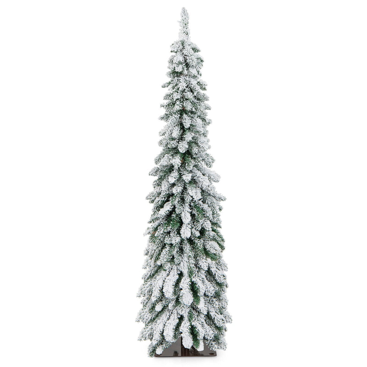 152 cm hoher, vorbeleuchteter, schmaler Weihnachtsbaum in Stiftform mit Schneebeflockung, 334 Zweigspitzen, 150 LEDs und 11 Leuchtmodi