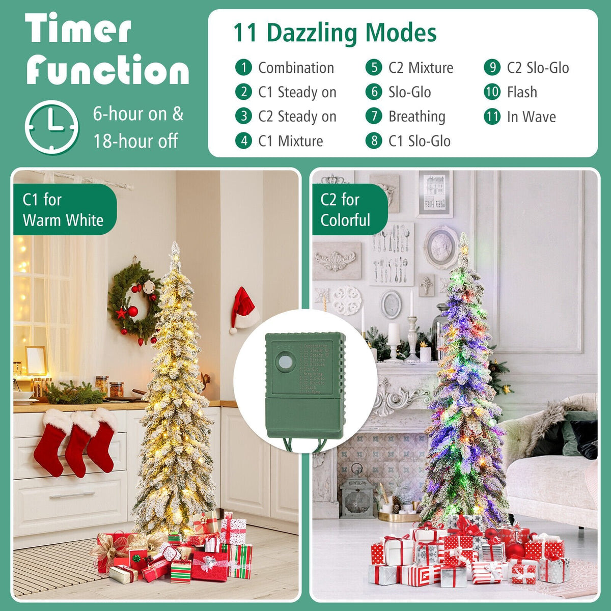 152 cm hoher, vorbeleuchteter, schmaler Weihnachtsbaum in Stiftform mit Schneebeflockung, 334 Zweigspitzen, 150 LEDs und 11 Leuchtmodi