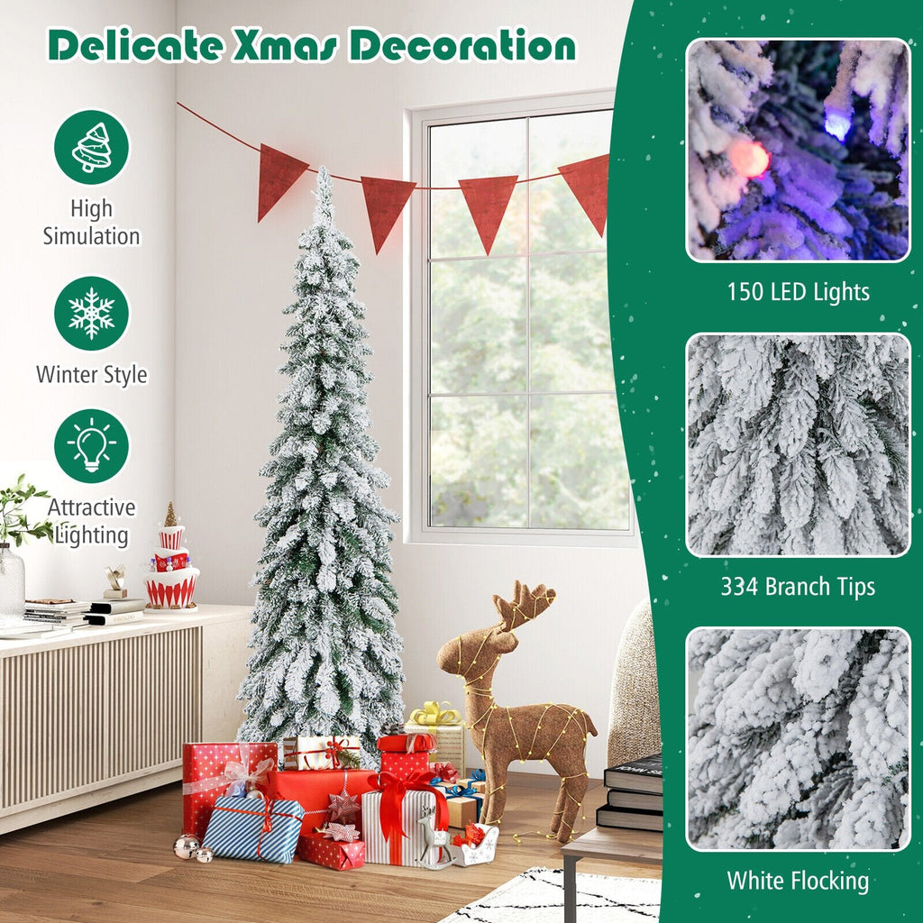 152 cm hoher, vorbeleuchteter, schmaler Weihnachtsbaum in Stiftform mit Schneebeflockung, 334 Zweigspitzen, 150 LEDs und 11 Leuchtmodi