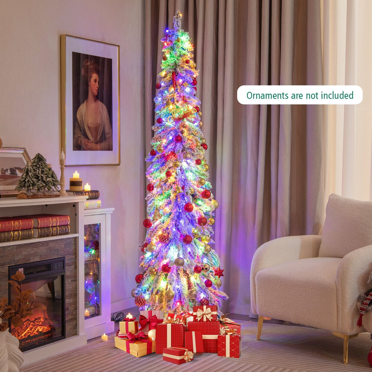 180 cm (6 Fuß) hoher, schlanker, künstlicher Weihnachtsbaum mit Schneebeschichtung, 407 Zweigspitzen, 250 LEDs und 11 Leuchtmodi
