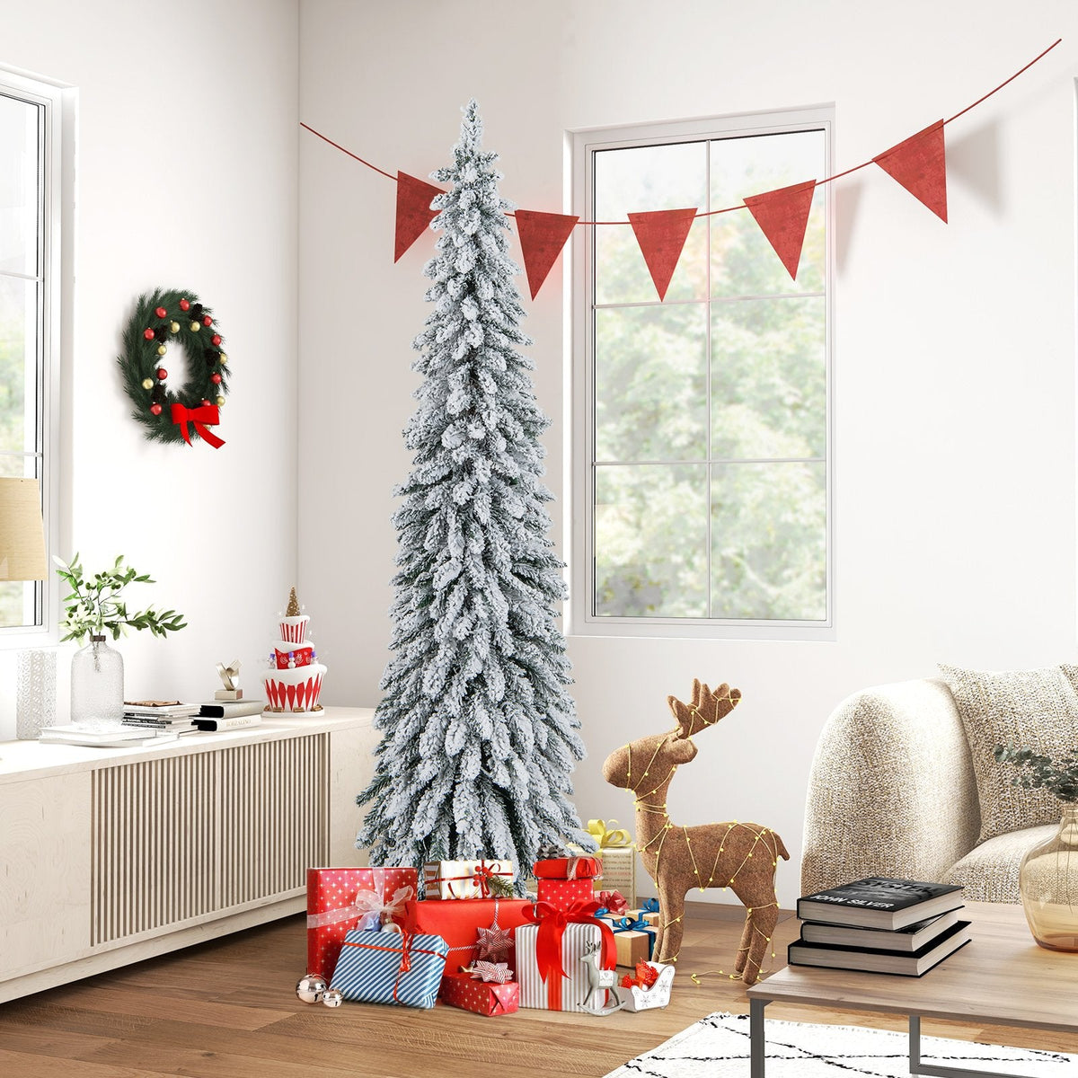 180 cm (6 Fuß) hoher, schlanker, künstlicher Weihnachtsbaum mit Schneebeschichtung, 407 Zweigspitzen, 250 LEDs und 11 Leuchtmodi