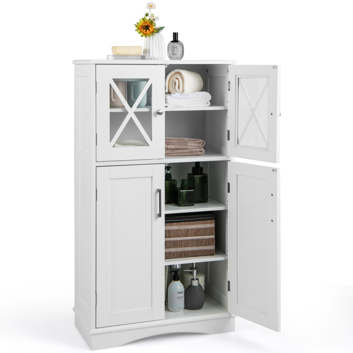Gabinete de baño de pie de 4 puertas con estantes ajustables - Blanco