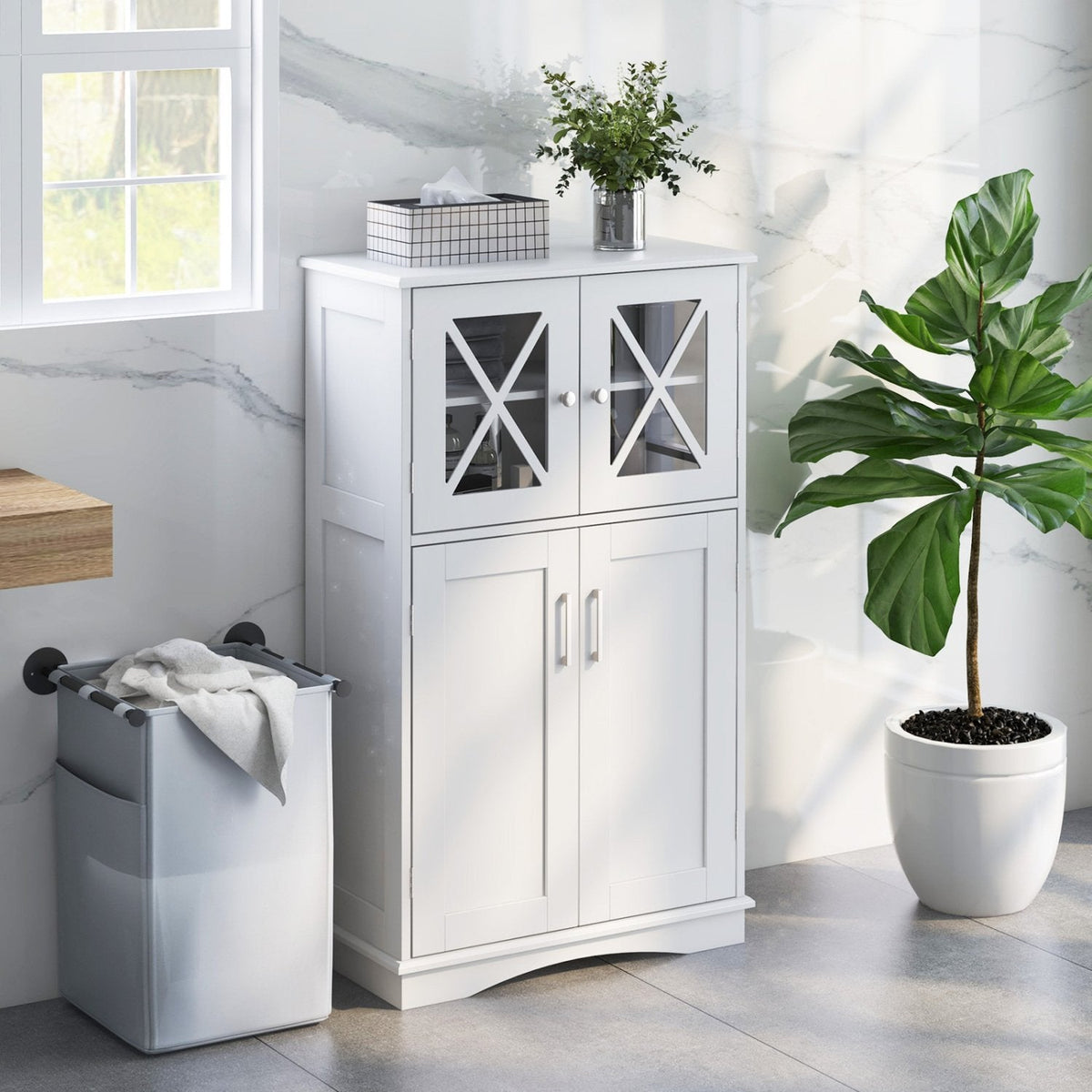 Gabinete de baño de pie de 4 puertas con estantes ajustables - Blanco