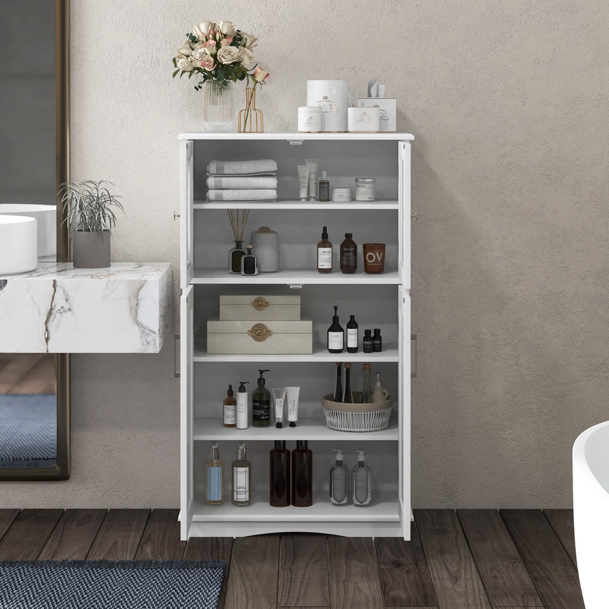 Gabinete de baño de pie de 4 puertas con estantes ajustables - Blanco