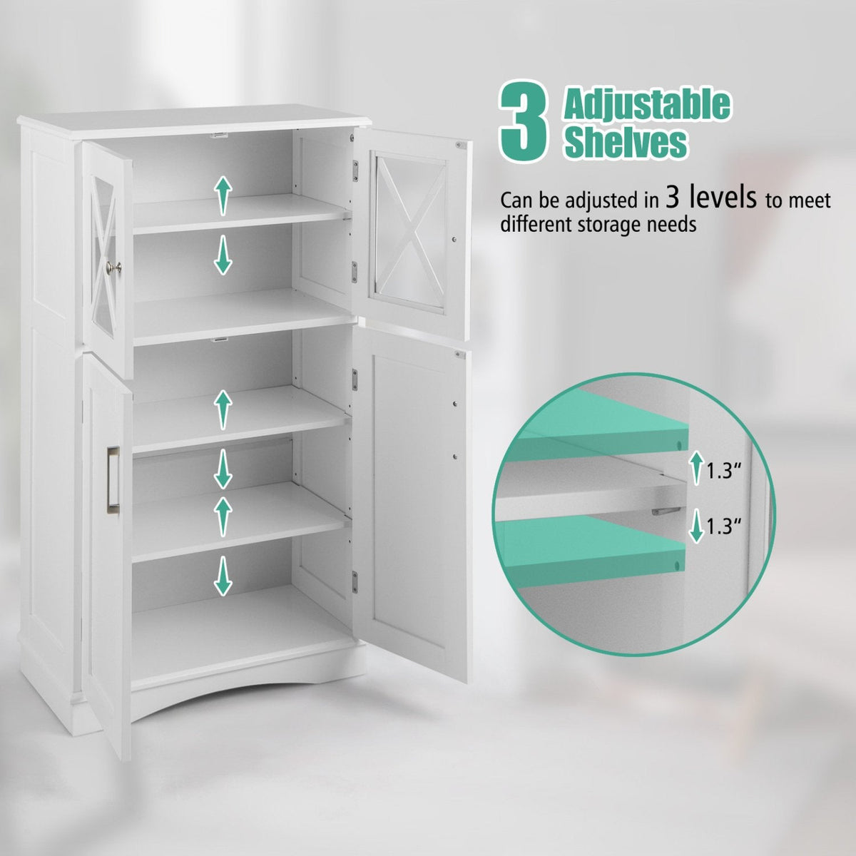 Gabinete de baño de pie de 4 puertas con estantes ajustables - Blanco