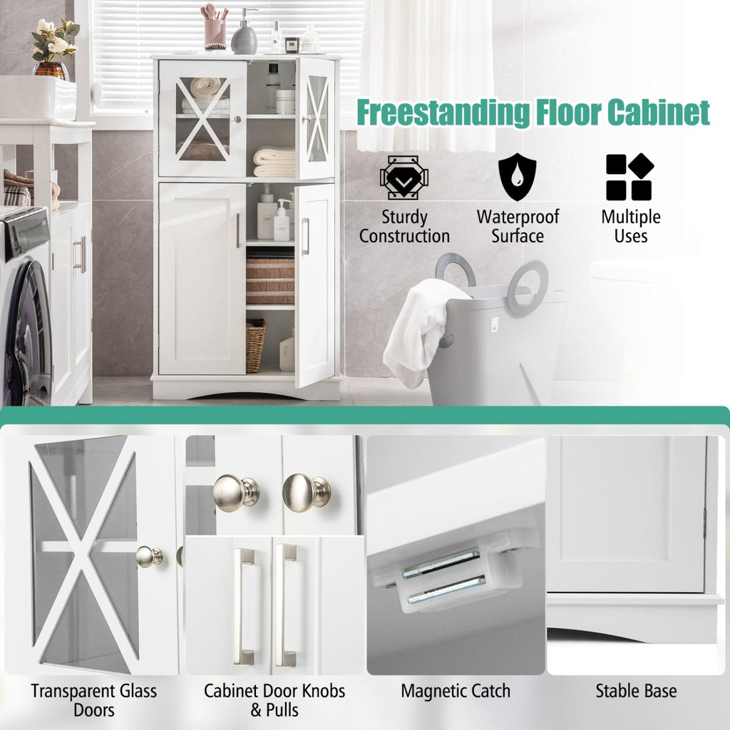 Gabinete de baño de pie de 4 puertas con estantes ajustables - Blanco