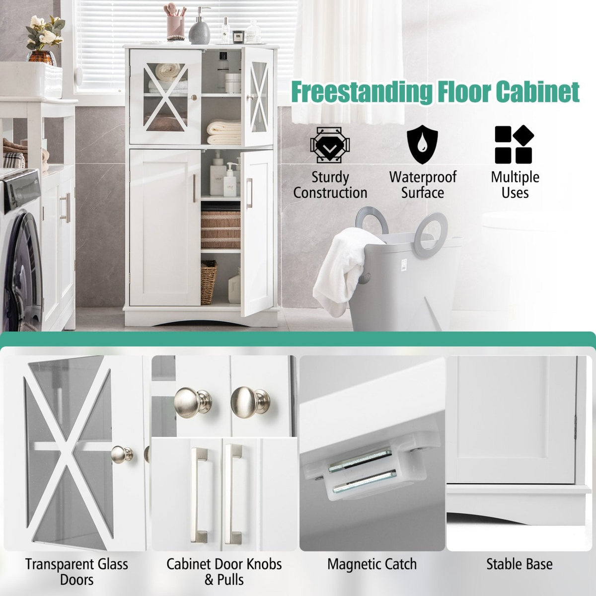 Gabinete de baño de pie de 4 puertas con estantes ajustables - Blanco