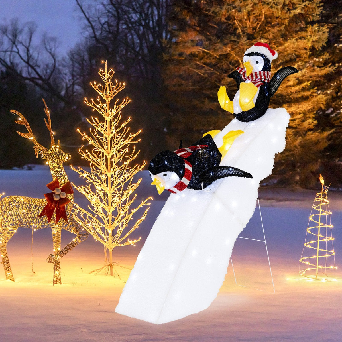 Décoration de Noël pingouin patineur avec toboggan enneigé de 1,20 m