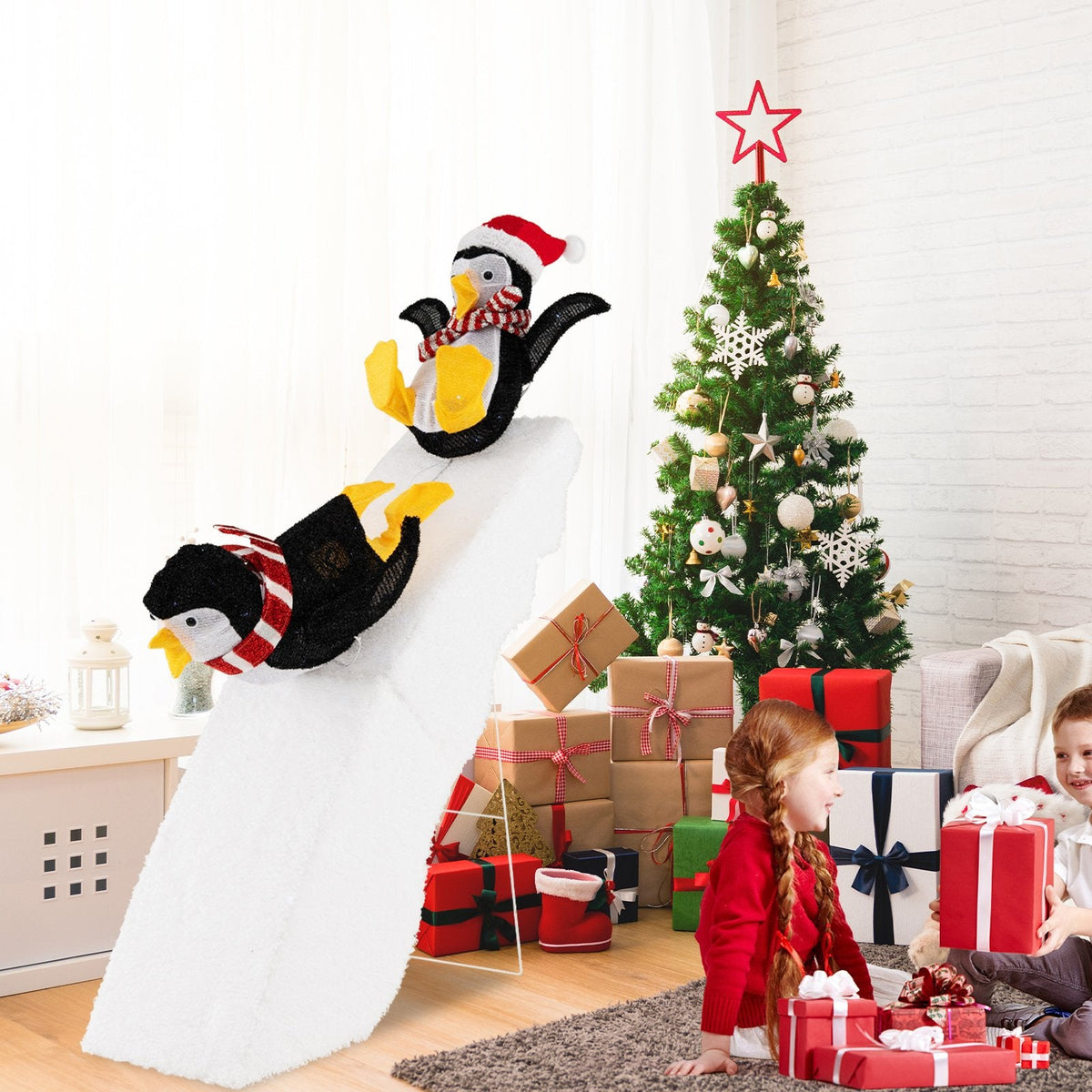 Décoration de Noël pingouin patineur avec toboggan enneigé de 1,20 m