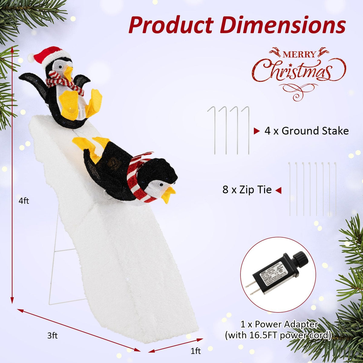 Décoration de Noël pingouin patineur avec toboggan enneigé de 1,20 m