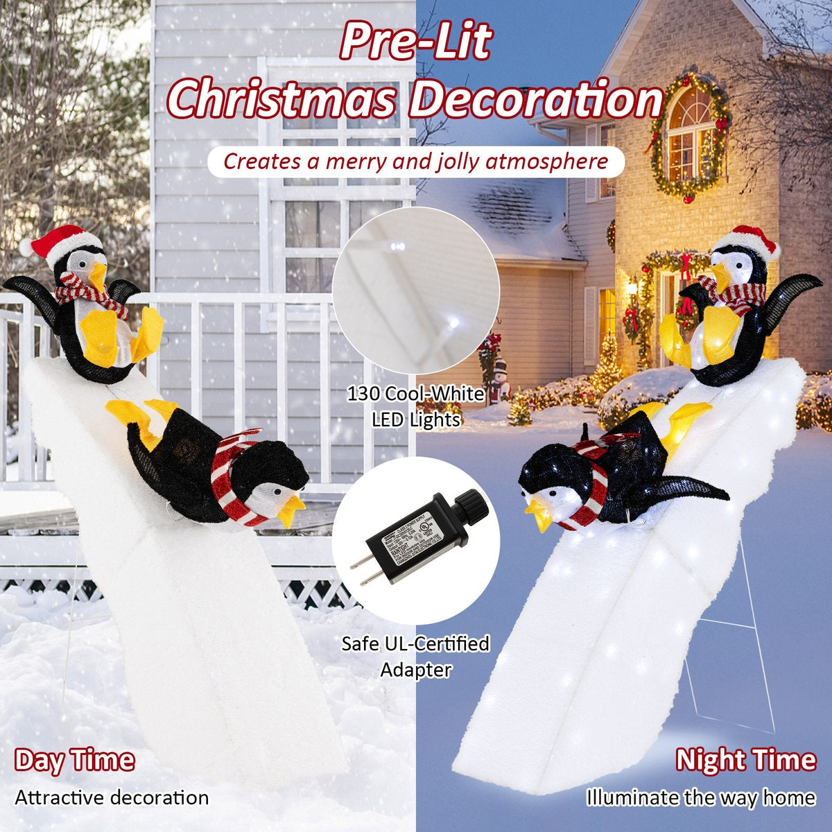 Décoration de Noël pingouin patineur avec toboggan enneigé de 1,20 m