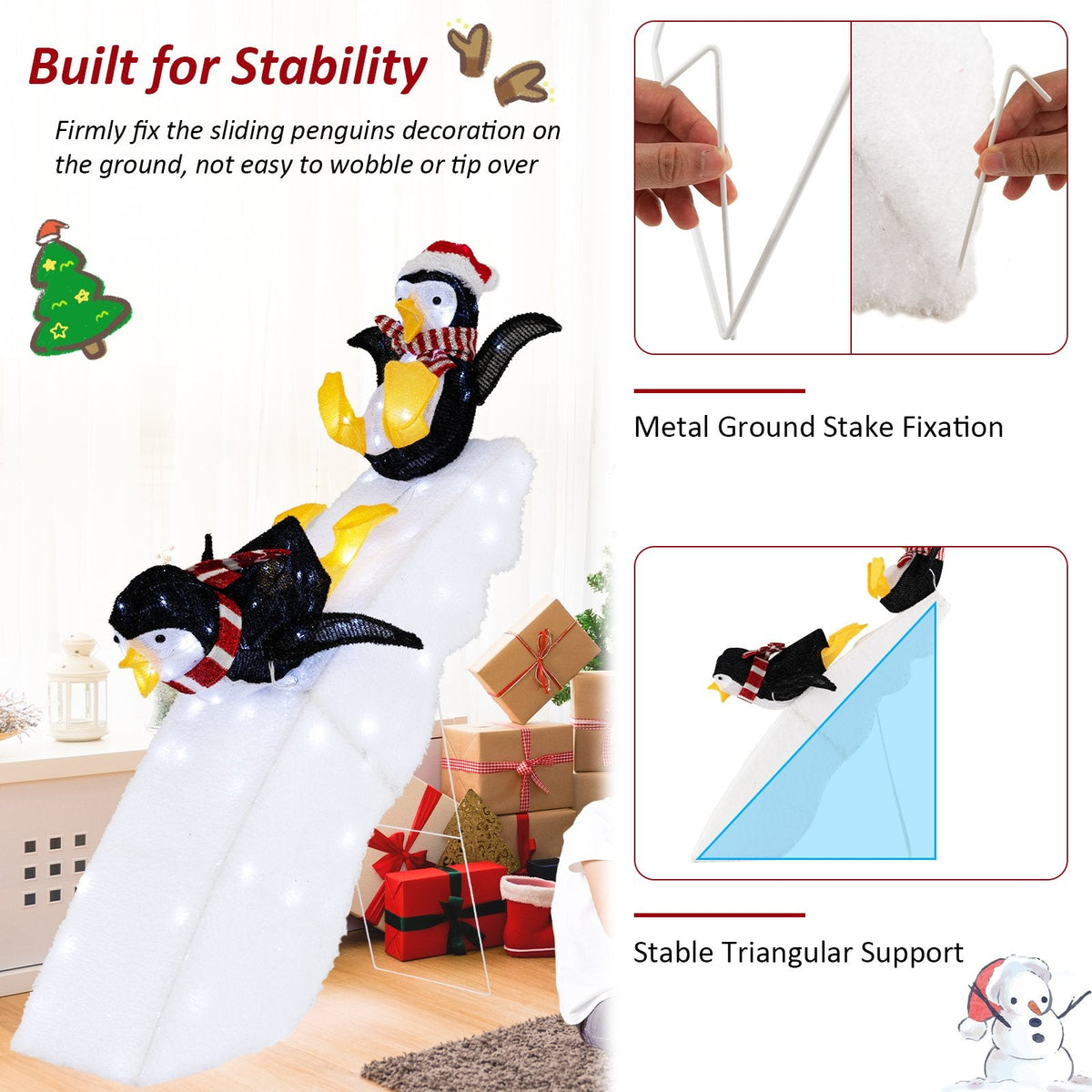 Décoration de Noël pingouin patineur avec toboggan enneigé de 1,20 m