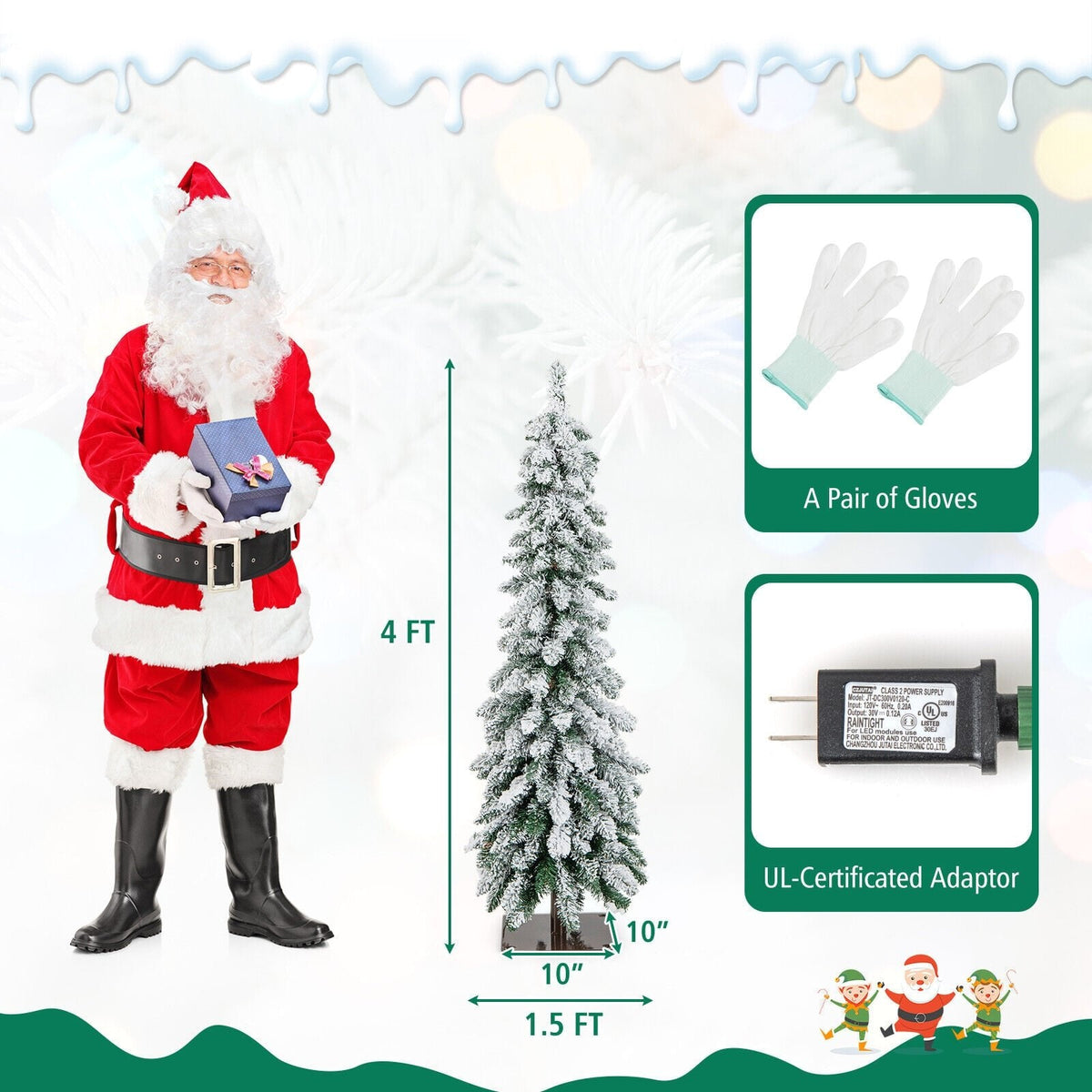 120 cm (4 FT) schlanker, vorbeleuchteter, schneebedeckter Weihnachtsbaum (Pencil-Form) mit 100 LEDs, 11 Modi und Timer