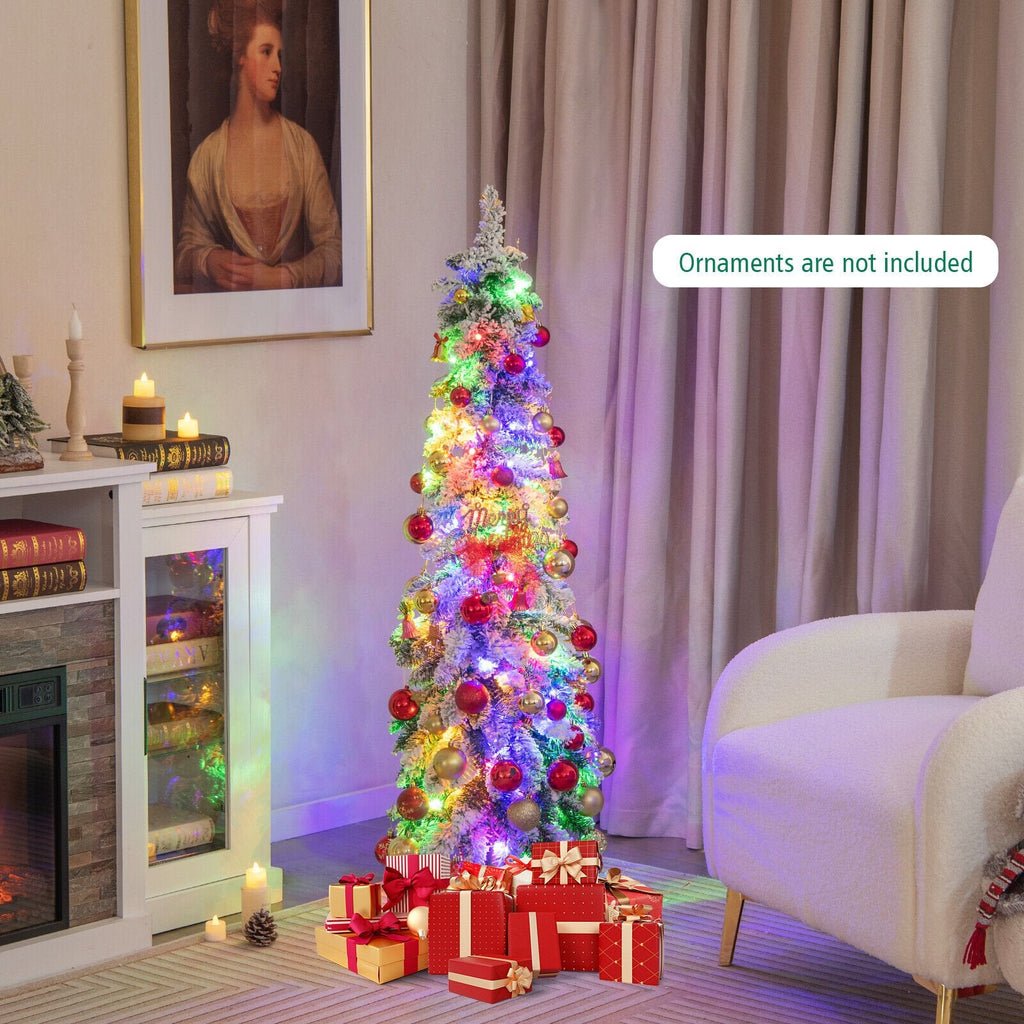 120 cm (4 FT) schlanker, vorbeleuchteter, schneebedeckter Weihnachtsbaum (Pencil-Form) mit 100 LEDs, 11 Modi und Timer