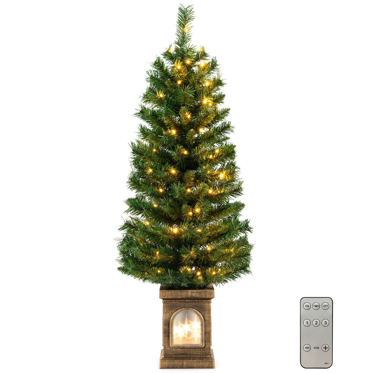 Sapin de Noël pré-éclairé en pot de 1,2 m avec 100 LED blanc chaud, télécommande, minuterie et base lumineuse en forme d’urne