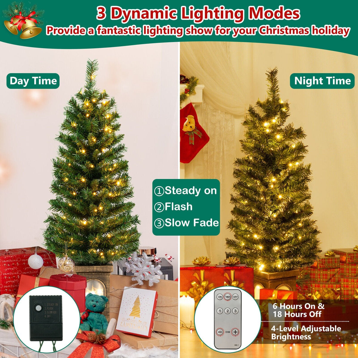 Sapin de Noël pré-éclairé en pot de 1,2 m avec 100 LED blanc chaud, télécommande, minuterie et base lumineuse en forme d’urne