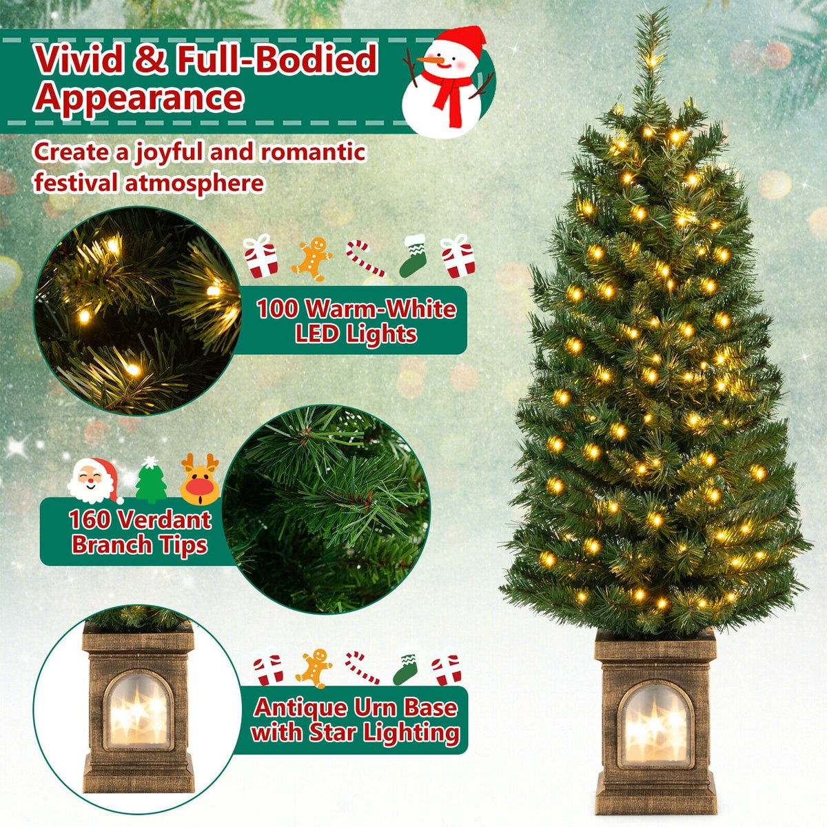 Sapin de Noël pré-éclairé en pot de 1,2 m avec 100 LED blanc chaud, télécommande, minuterie et base lumineuse en forme d’urne