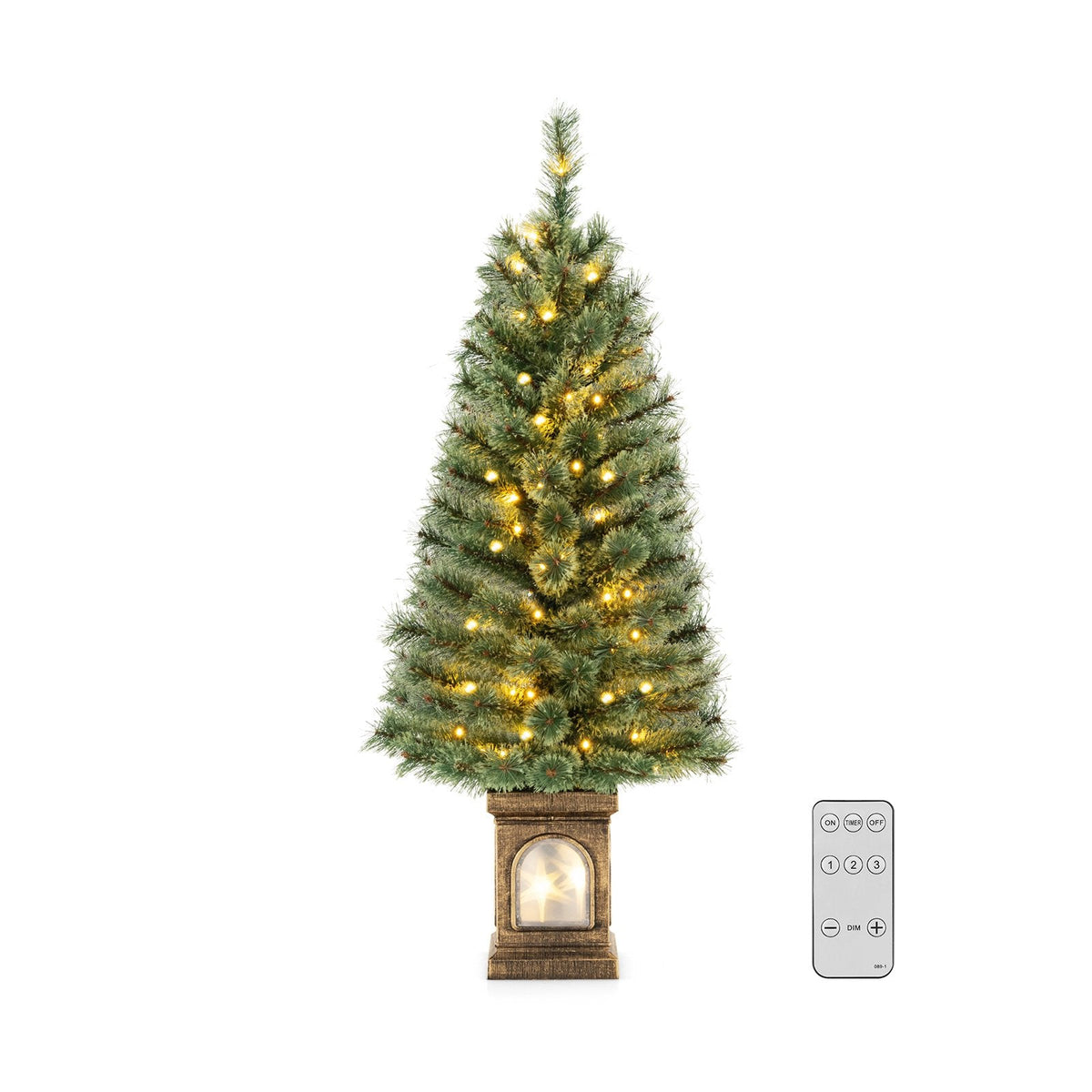 Sapin de Noël en pot de 4 pi (1,2 m) à aiguilles de pin, pré-illuminé avec 100 lumières DEL blanc chaud, télécommande et urne lumineuse