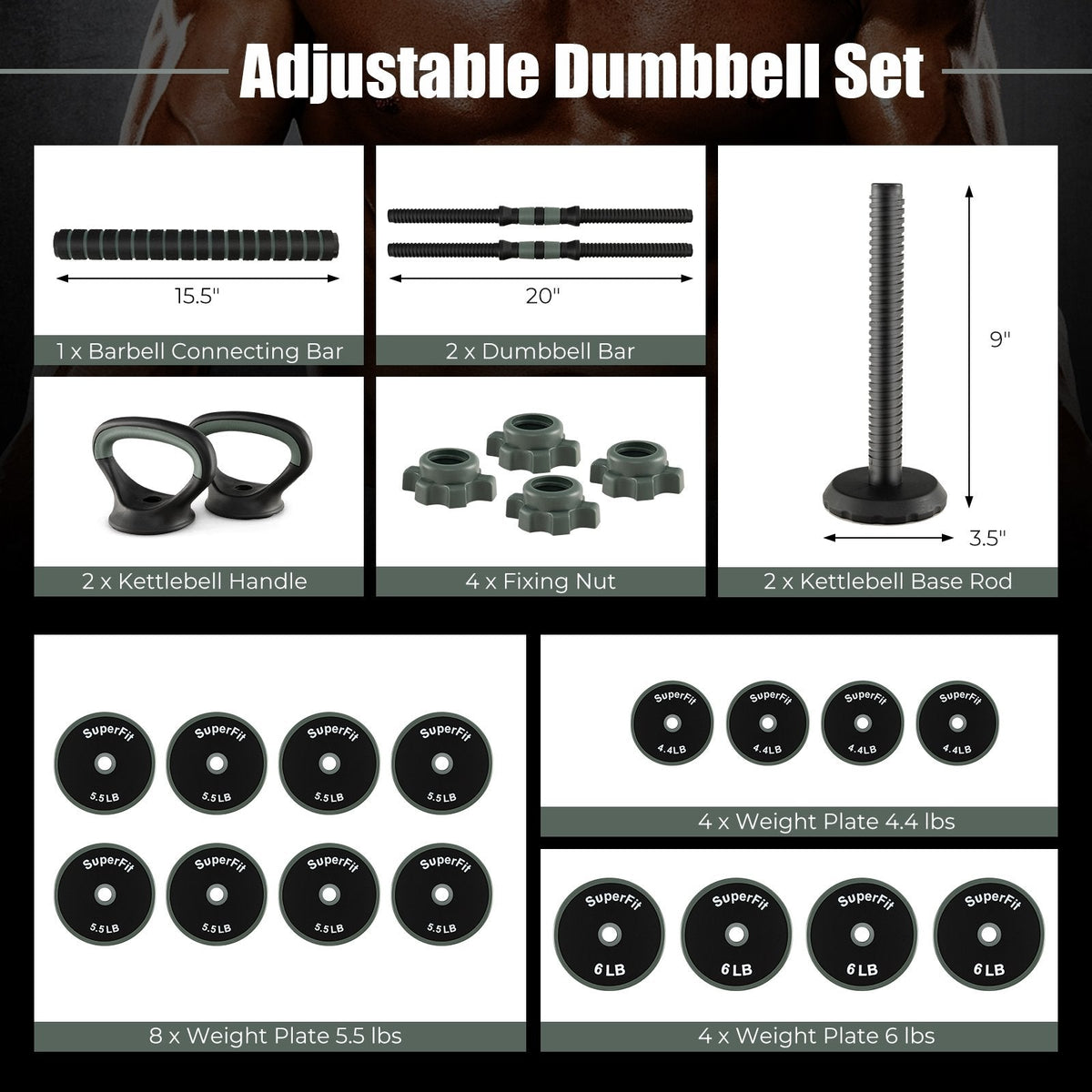 4-in-1 verstellbares Kurzhantel-Set – Schwarz