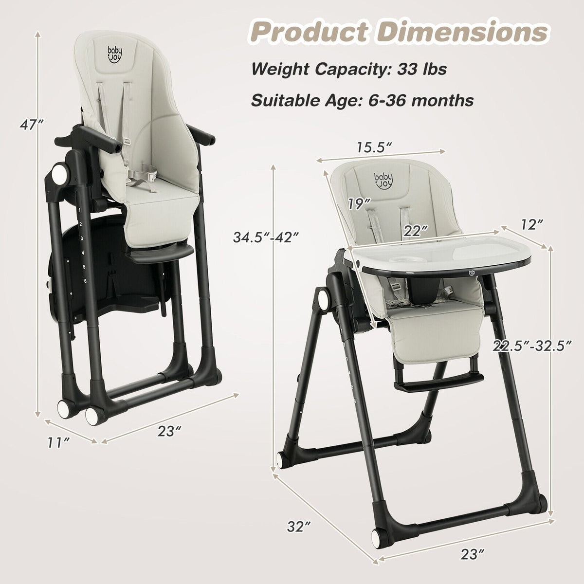 4-in-1-Baby-Hochstuhl mit 6 einstellbaren Höhen – Grau