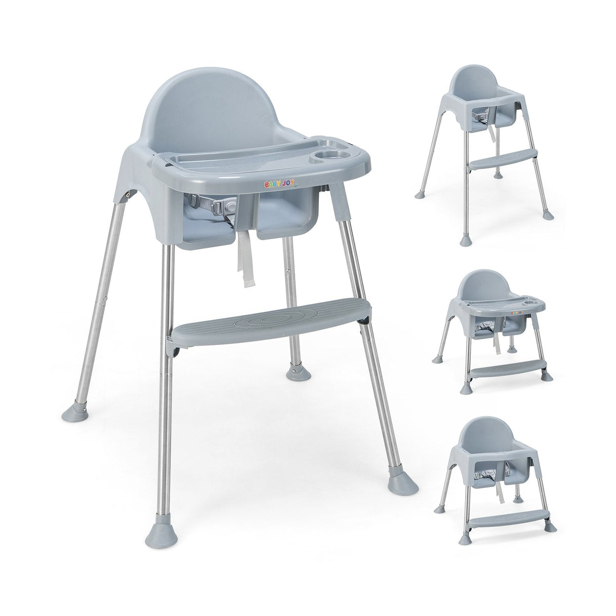 Chaise haute bébé convertible 4 en 1 avec double plateau amovible-Gris
