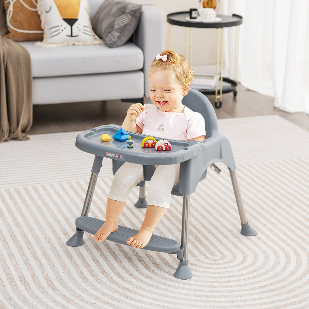 Chaise haute bébé convertible 4 en 1 avec double plateau amovible-Gris