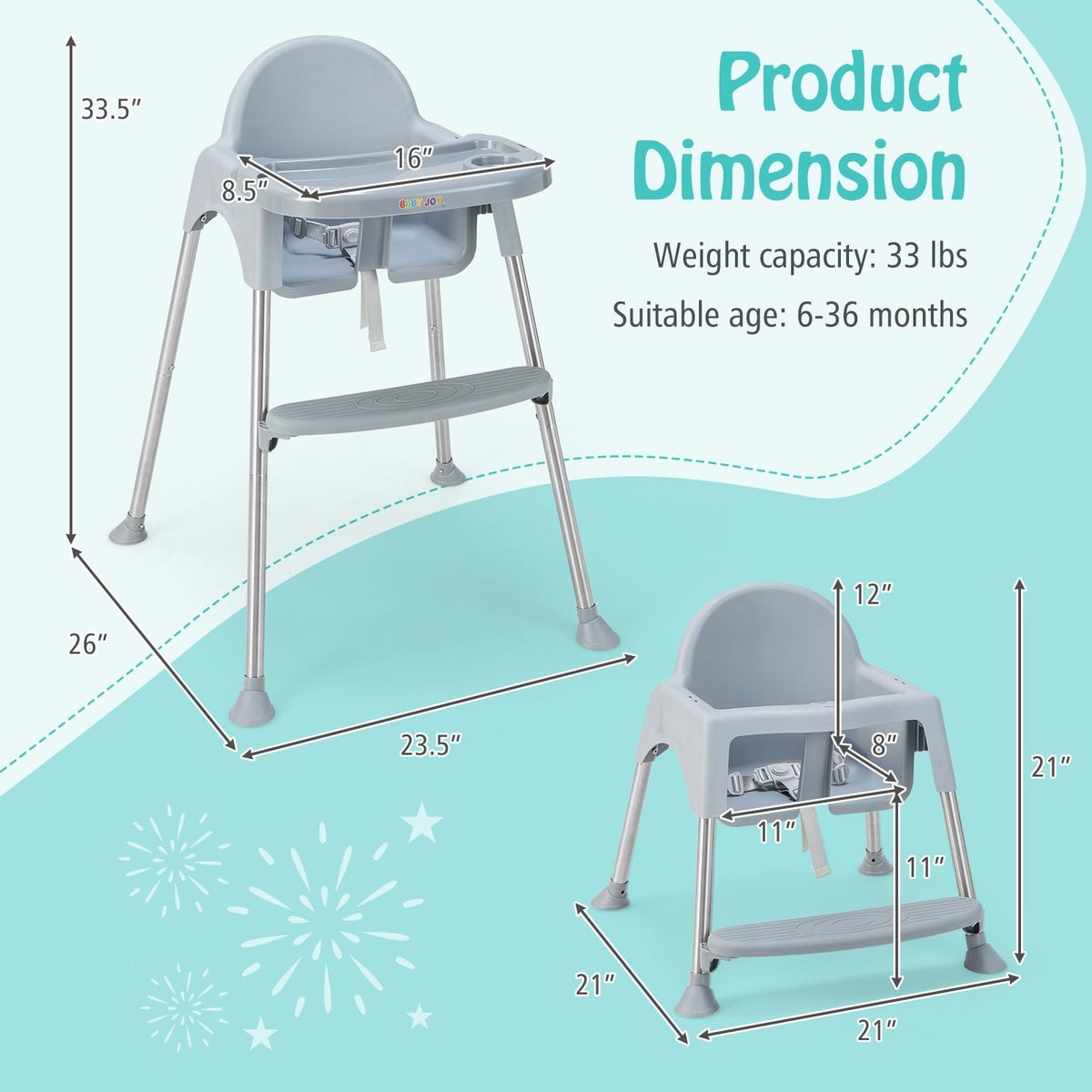 Chaise haute bébé convertible 4 en 1 avec double plateau amovible-Gris