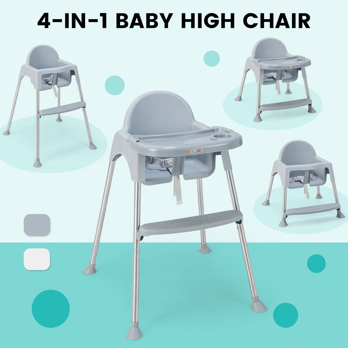 Chaise haute bébé convertible 4 en 1 avec double plateau amovible-Gris