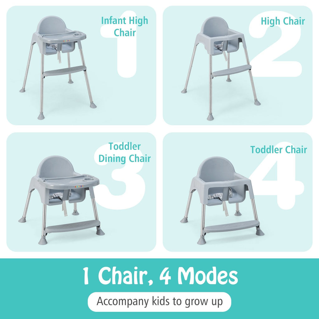 Chaise haute bébé convertible 4 en 1 avec double plateau amovible-Gris