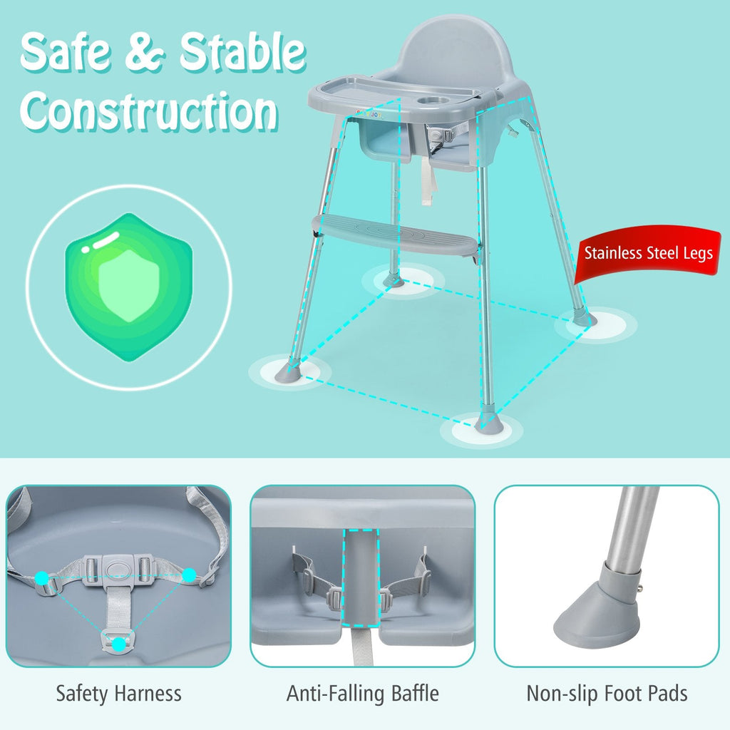 Chaise haute bébé convertible 4 en 1 avec double plateau amovible-Gris