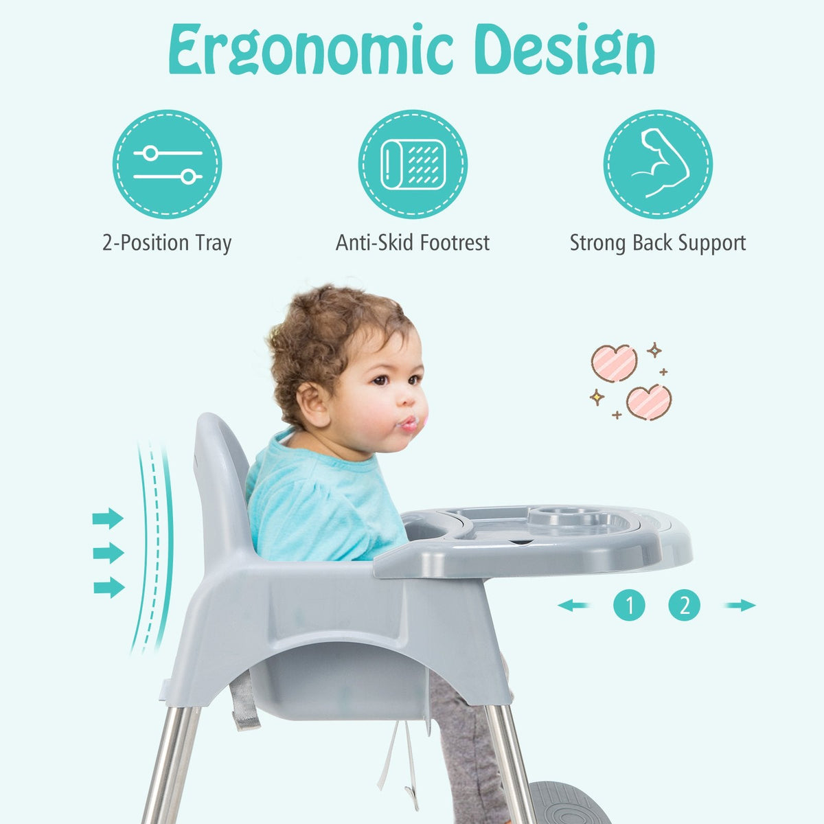 Chaise haute bébé convertible 4 en 1 avec double plateau amovible-Gris