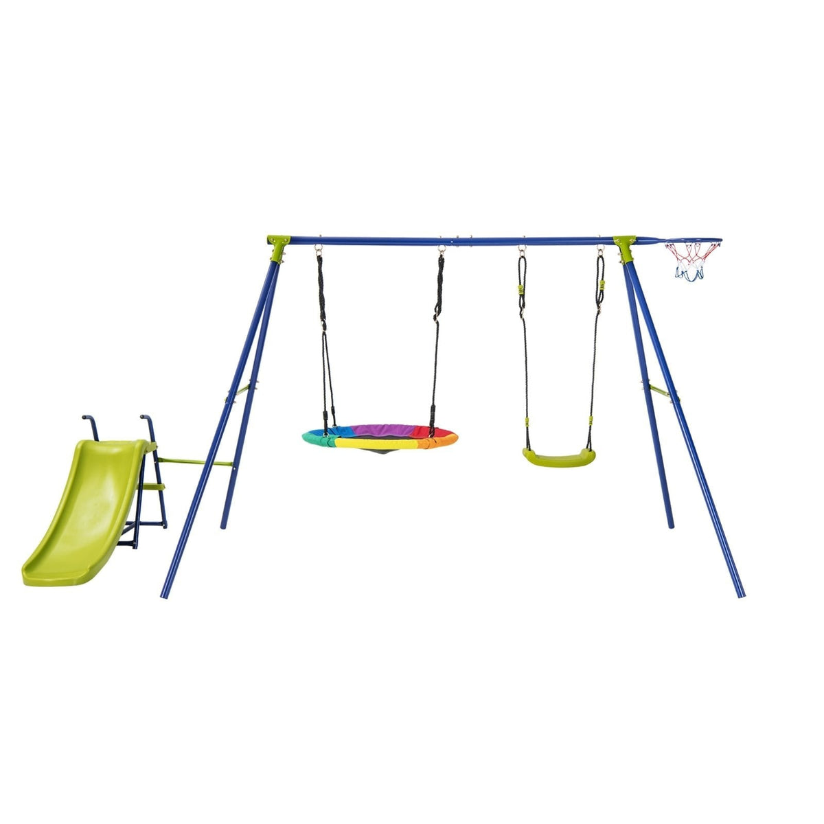 Aire de jeu en métal 4-en-1 robuste avec toboggan et panier de basket
