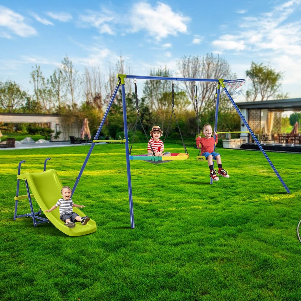 Aire de jeu en métal 4-en-1 robuste avec toboggan et panier de basket