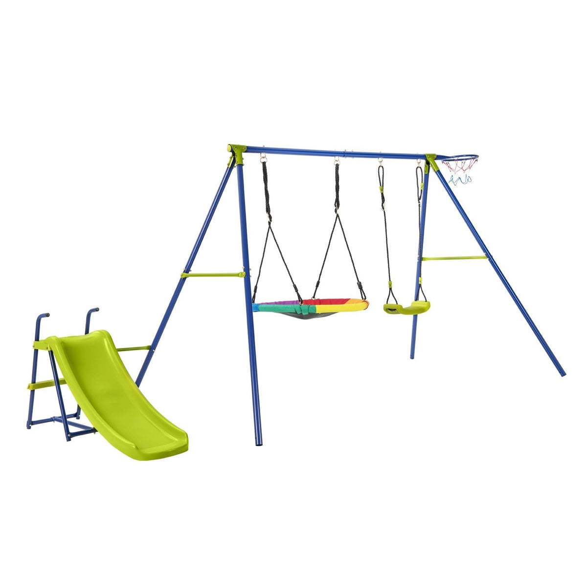 Aire de jeu en métal 4-en-1 robuste avec toboggan et panier de basket