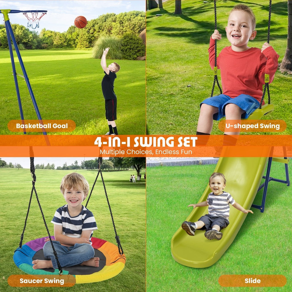 Aire de jeu en métal 4-en-1 robuste avec toboggan et panier de basket