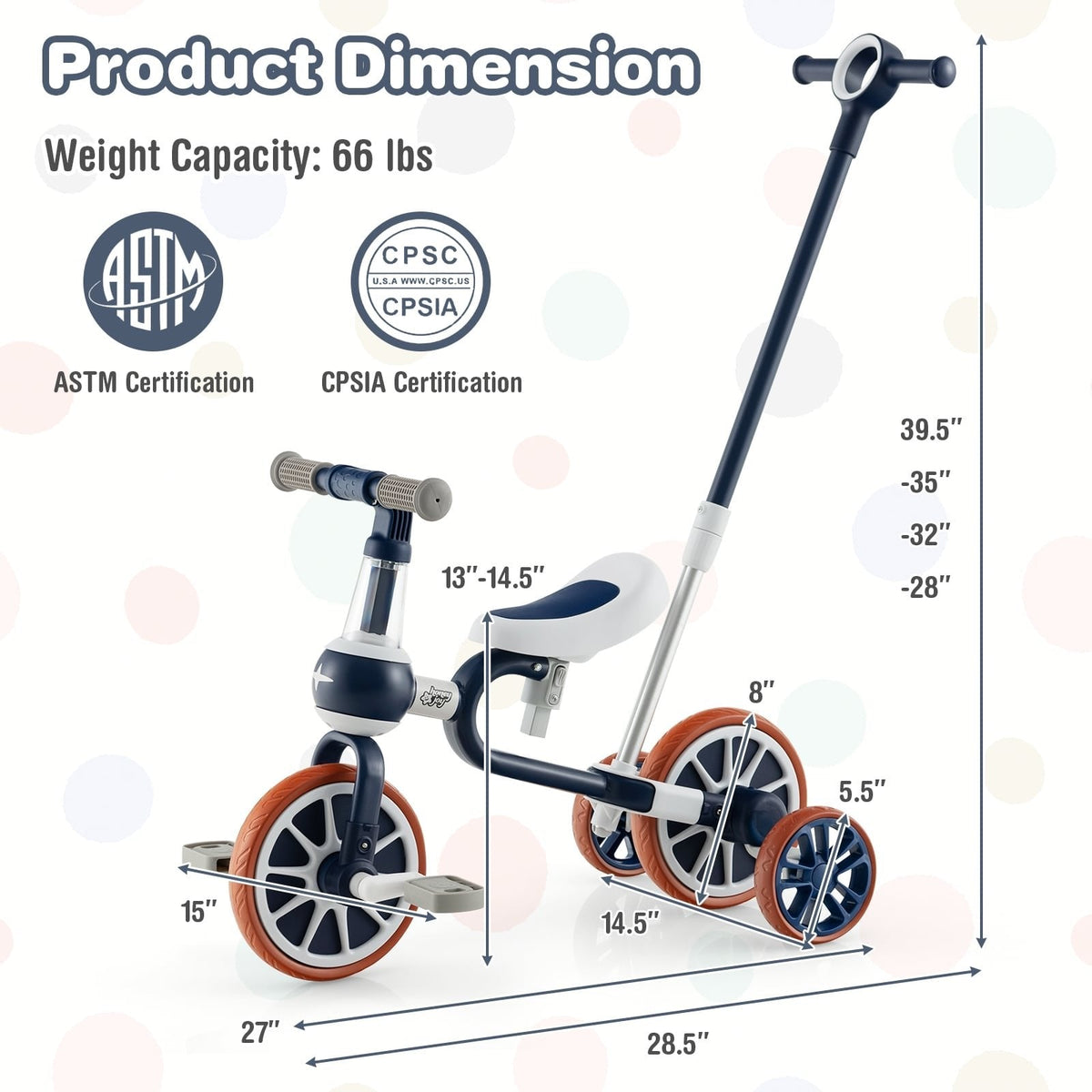 Tricycle évolutif 4-en-1 avec poignée parentale réglable et hauteur d'assise ajustable-Bleu marine