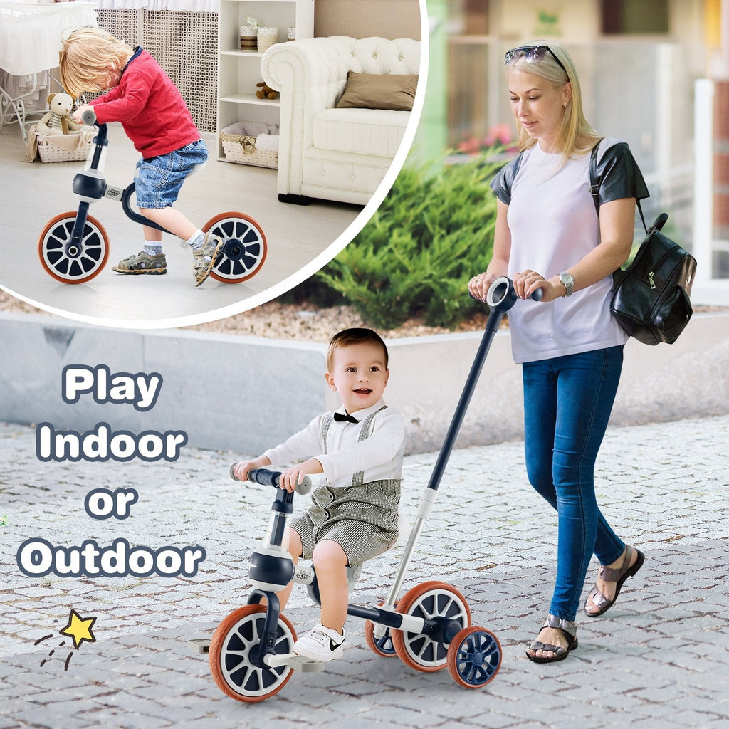 Tricycle évolutif 4-en-1 avec poignée parentale réglable et hauteur d'assise ajustable-Bleu marine