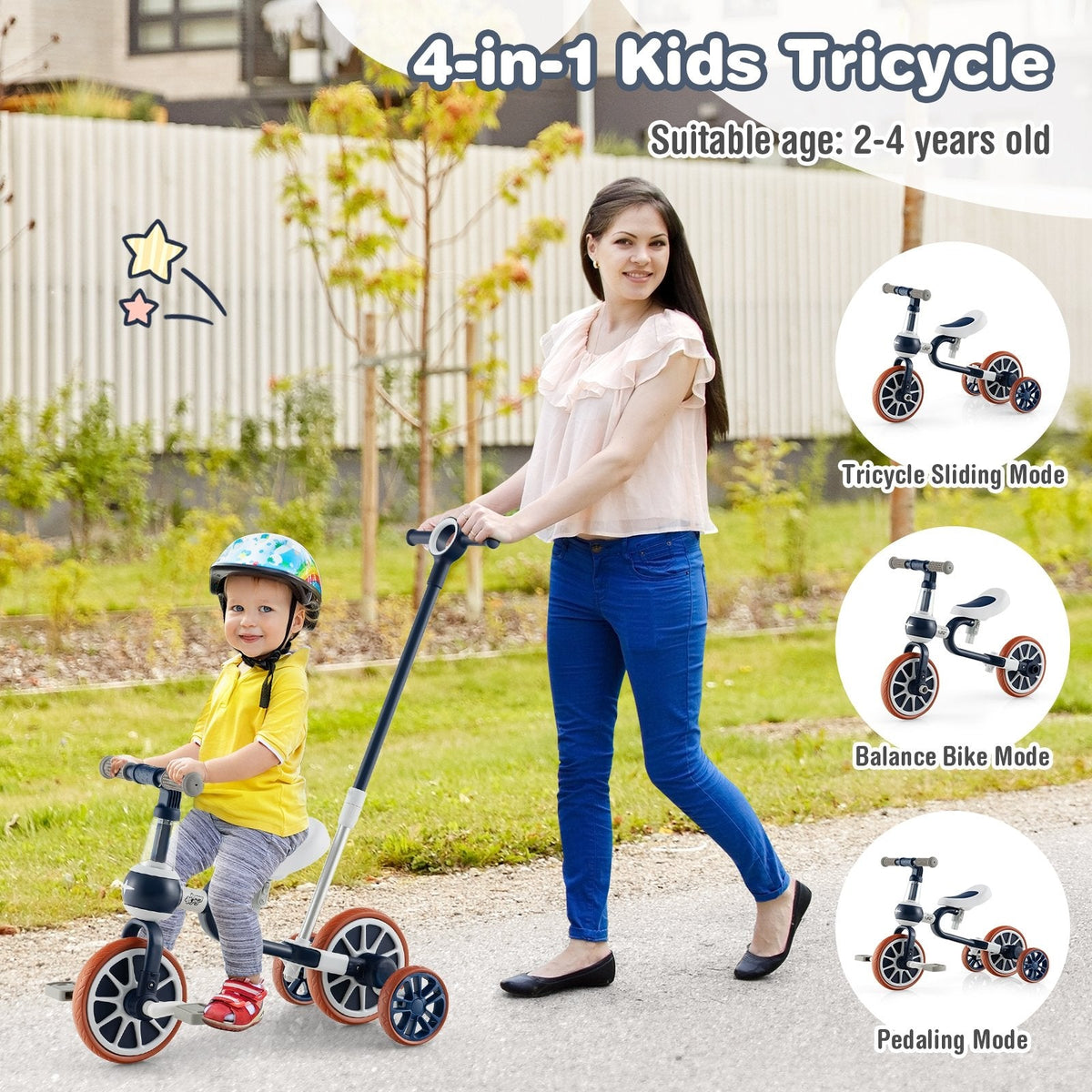 Tricycle évolutif 4-en-1 avec poignée parentale réglable et hauteur d'assise ajustable-Bleu marine