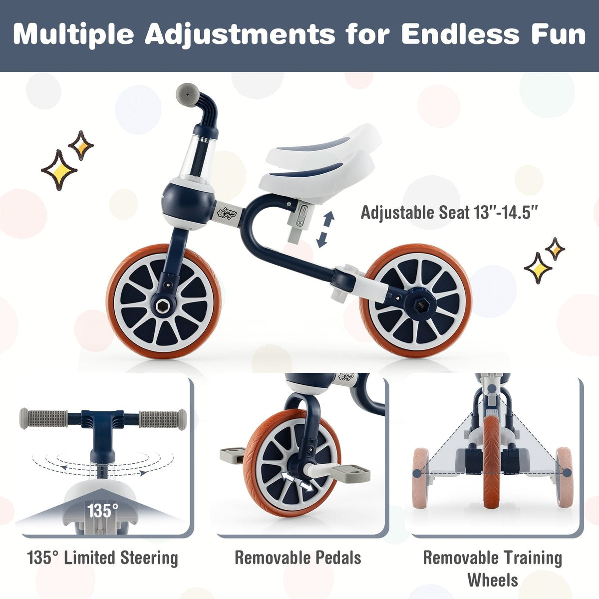 Tricycle évolutif 4-en-1 avec poignée parentale réglable et hauteur d'assise ajustable-Bleu marine