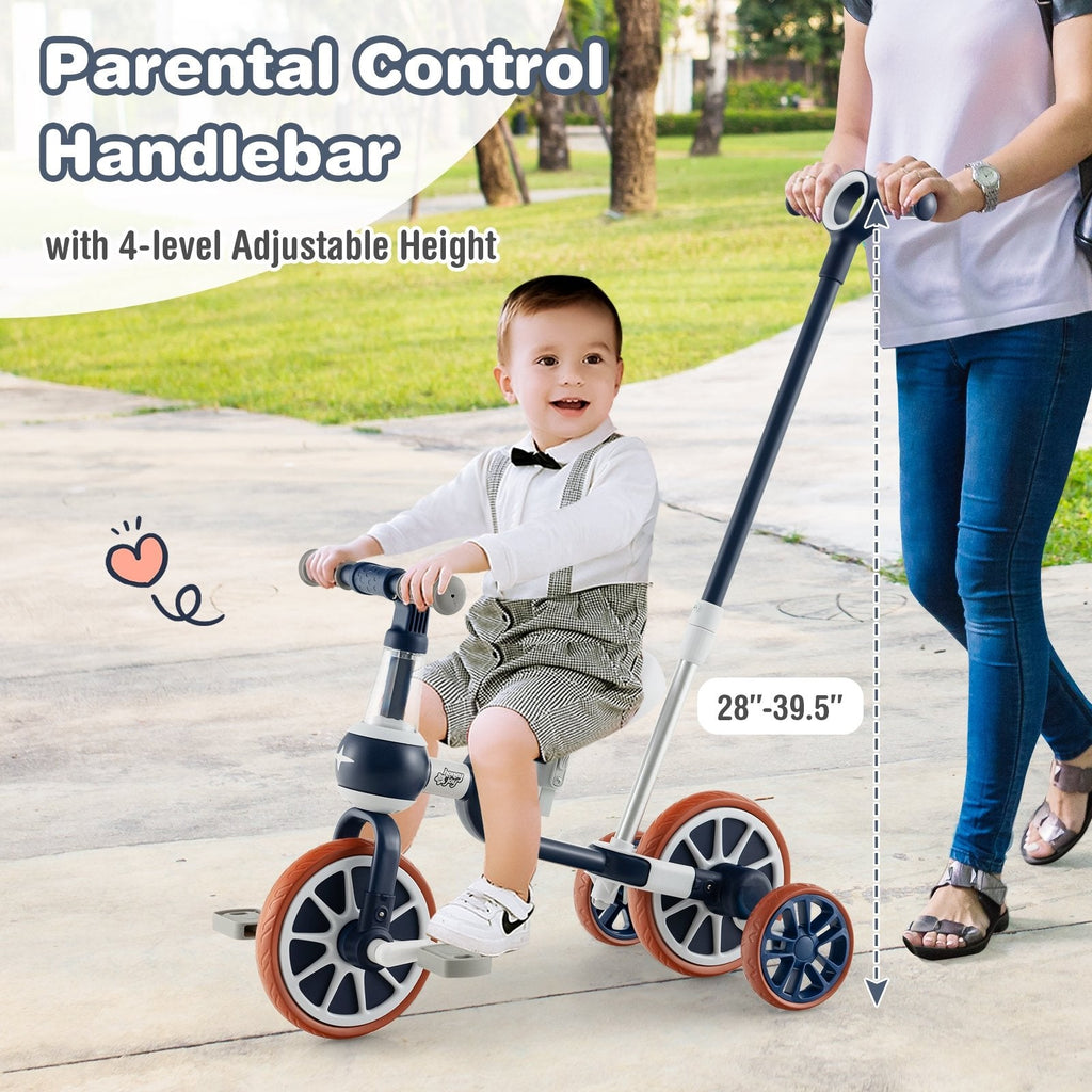 Tricycle évolutif 4-en-1 avec poignée parentale réglable et hauteur d'assise ajustable-Bleu marine